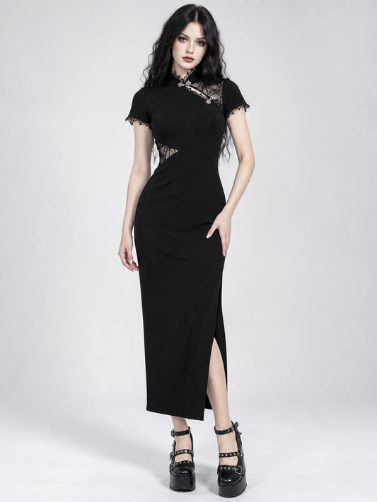 Black Gothic Dress with Lace and High Neck
