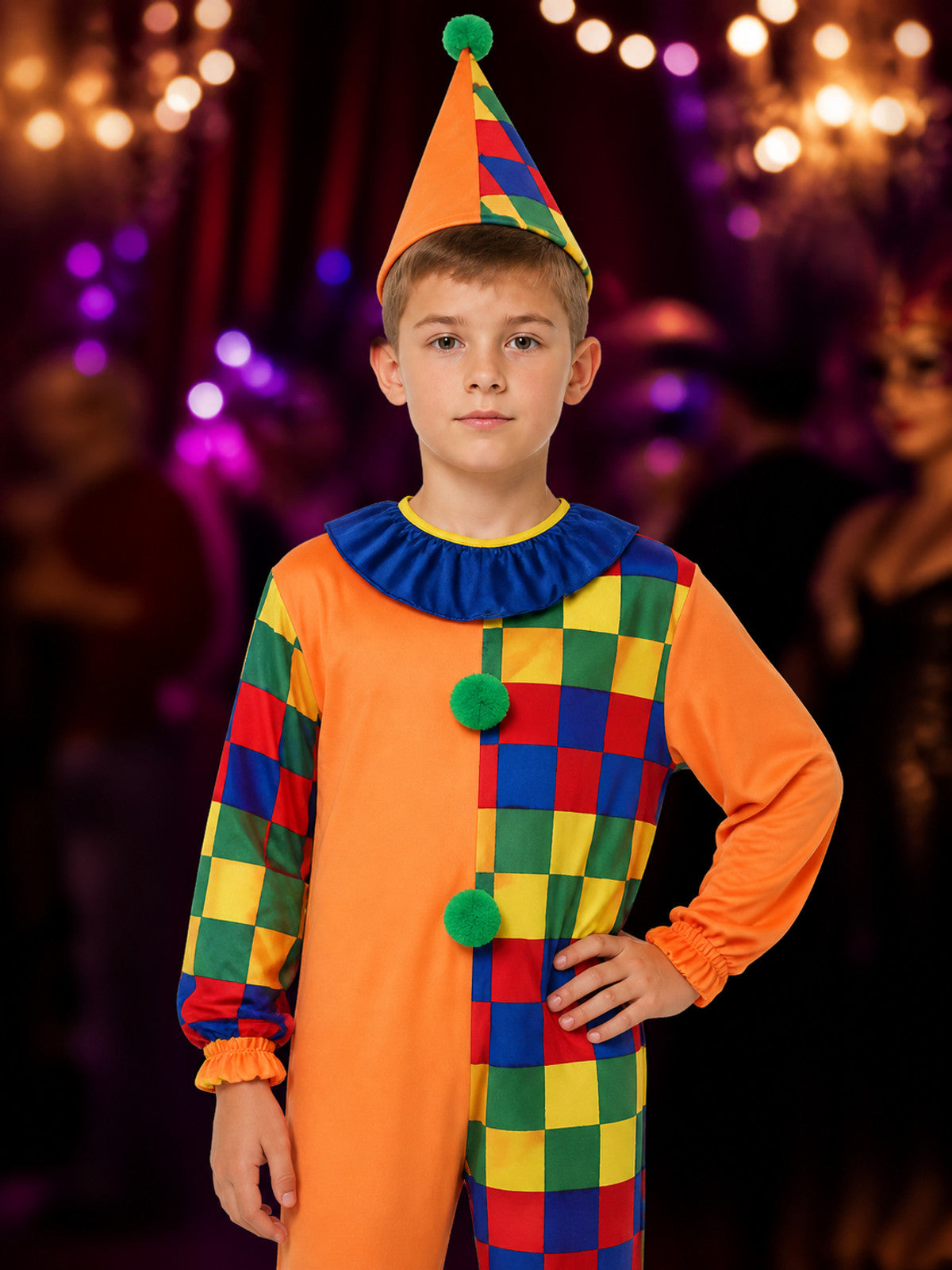Kids' Colorful Clown Jumpsuit Costume Set with Pointed Hat on-model view