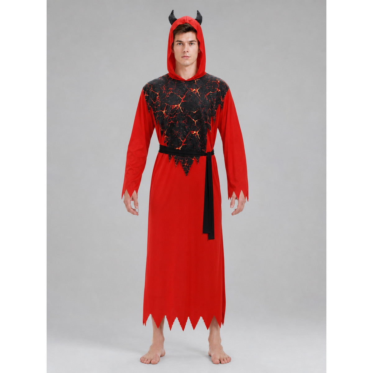 Hooded Devil Costume with Belt and Ragged Hem front view
