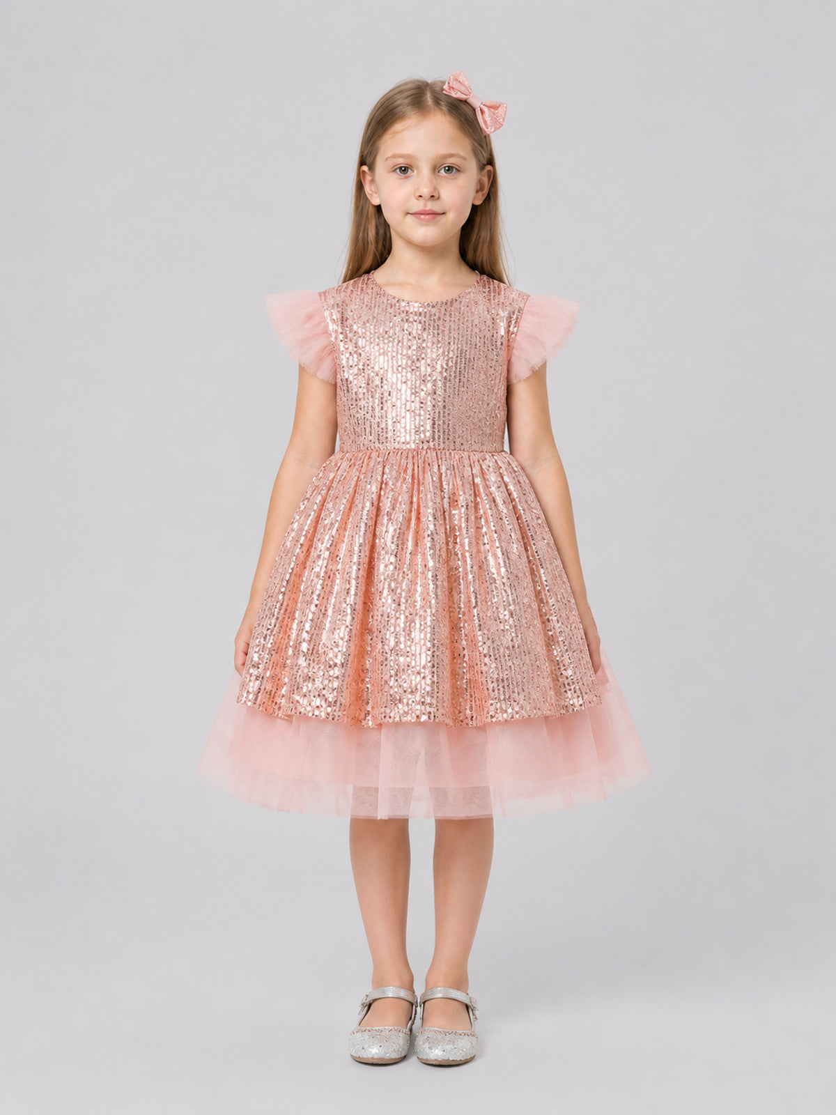 Girls' Dressy Sequin Dress with a Tulle Skirt on-model view