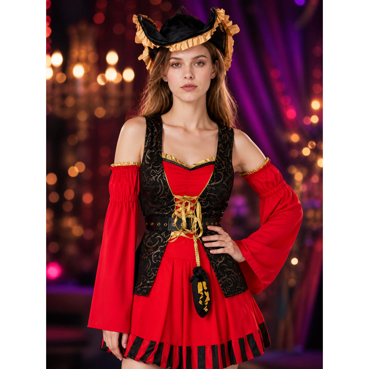 Pirate Halloween Costume Set, Red Black Gold Dress with Hat and Sleeves on-model view