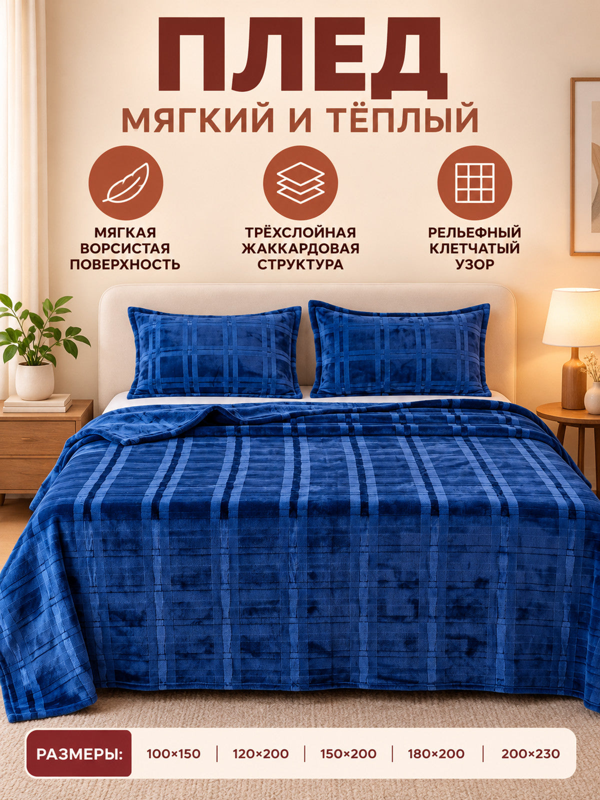 Blue Fuzzy Plaid Three-Layer Polyester Blanket