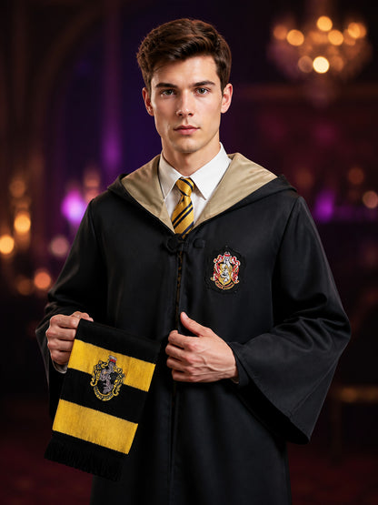 Hooded Wizard Robe Costume Set with Black and Gold Design, Includes Tie and on-model view