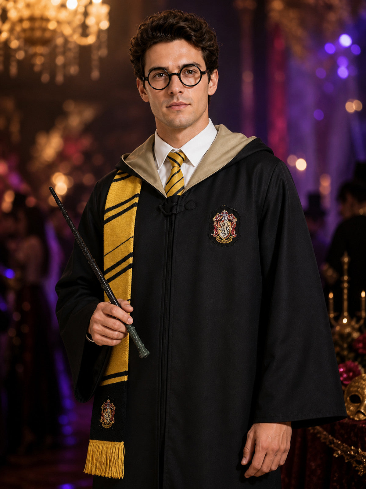Hufflepuff Wizard Costume Set, Hooded Robe With Tie, Scarf, Glasses & Wand on-model view