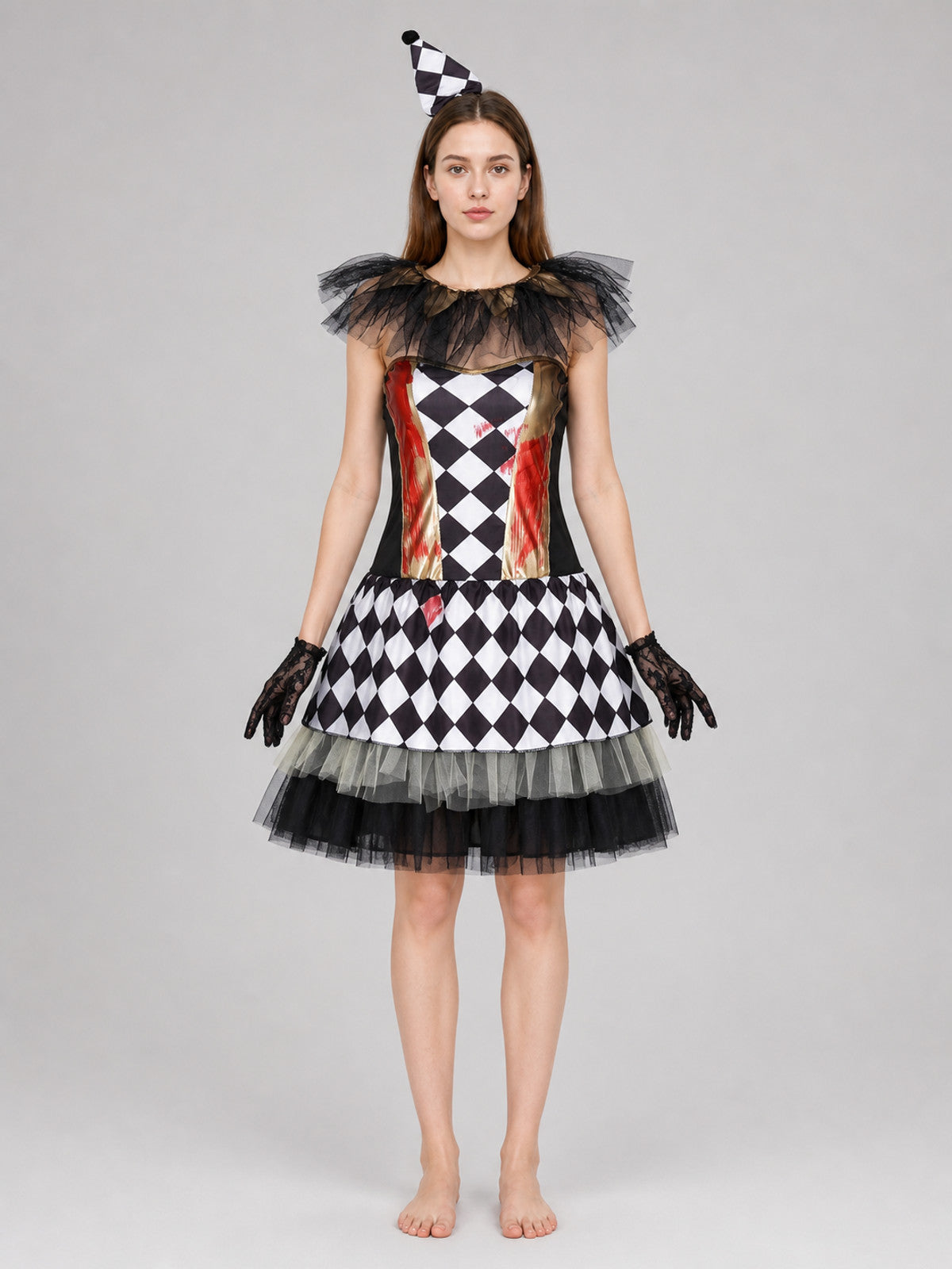 Halloween clown costume with gloves, dress front view