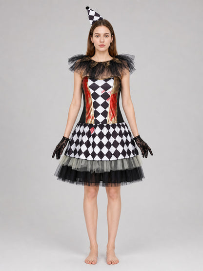Halloween clown costume with gloves, dress front view