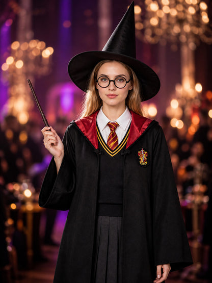 Unisex Wizard Costume Set for Kids and Adults, Hooded Robe with Crest, Striped on-model view