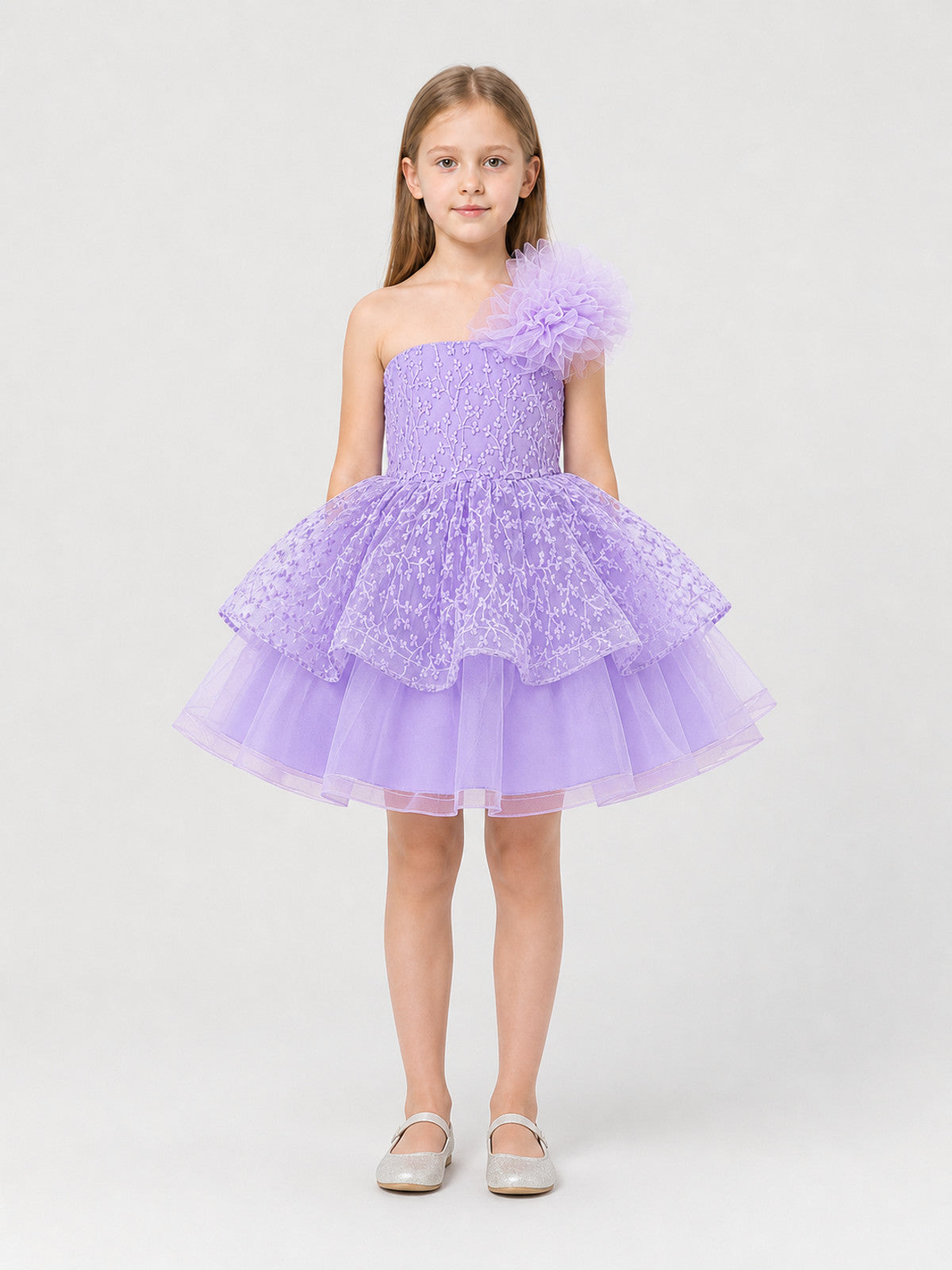 Full Dress with Floral Embroidery, Tulle, and Train on-model view