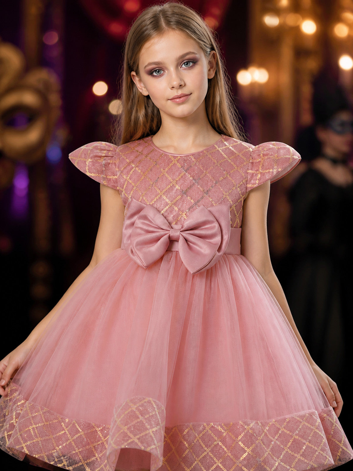 Toddler Girls' Pink Princess Formal Dress, Puff Sleeves, Oversized Bow, Gold on-model view
