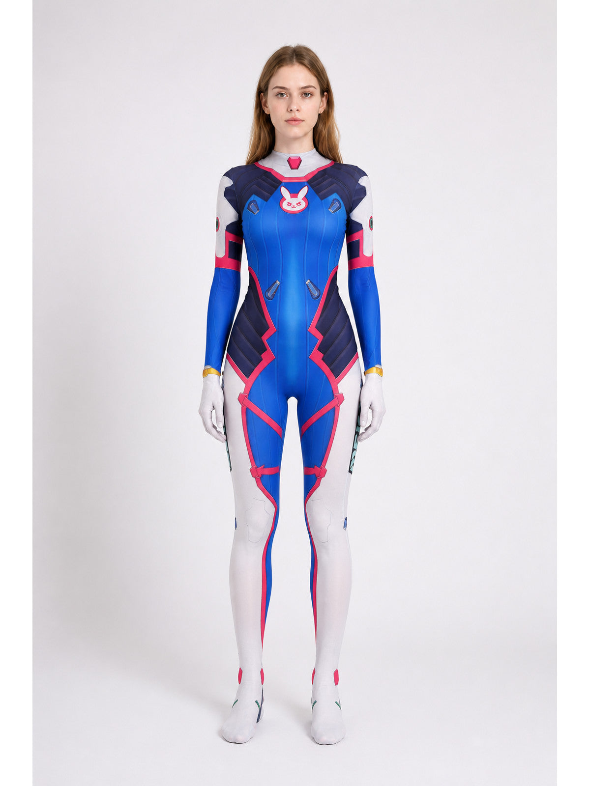 Fitted blue, white, and pink printed cosplay jumpsuit