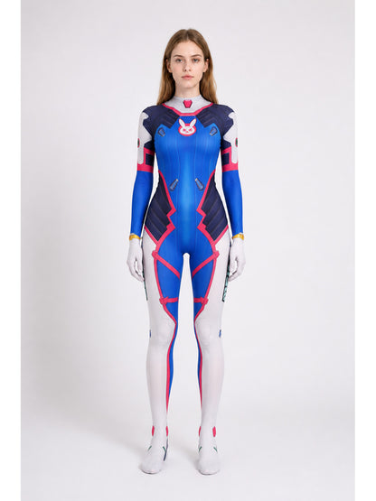 Fitted blue, white, and pink printed cosplay jumpsuit
