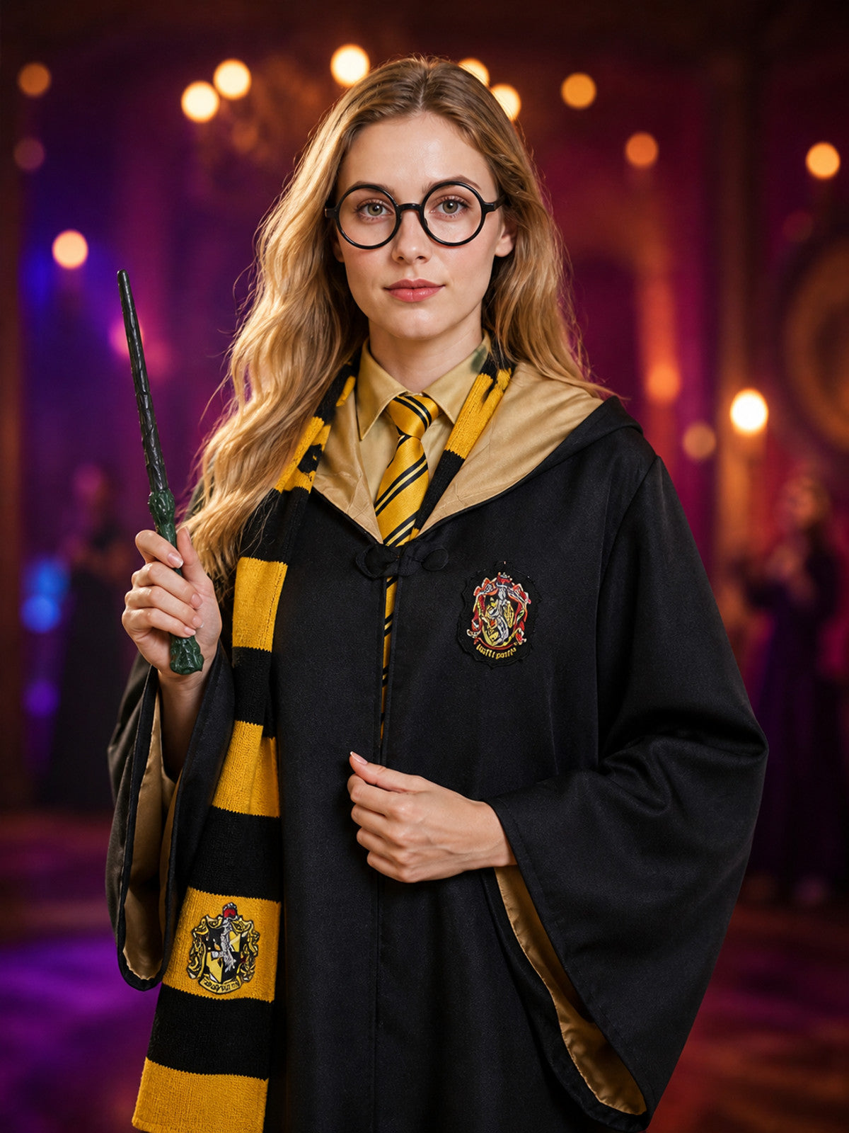 Hufflepuff Wizard Costume Set with Robe, Scarf, Tie, Glasses and Wand - Black on-model view