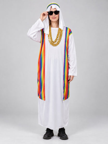 White carnival costume with rainbow inserts and a chain