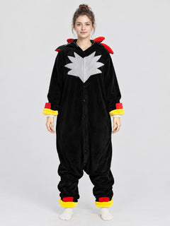 Black Spiky Hooded Onesie Pajama for Adults – Unisex Flannel Costume Jumpsuit with Red Spikes