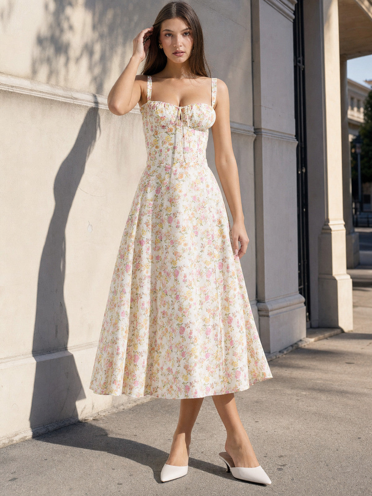 Midi Dress with Wide Straps and Floral Print main product view