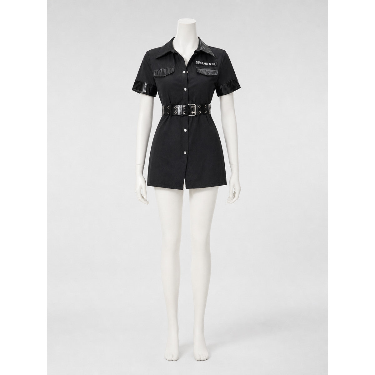 A one-piece costume styled like a police uniform, featuring short sleeves, a on-model view
