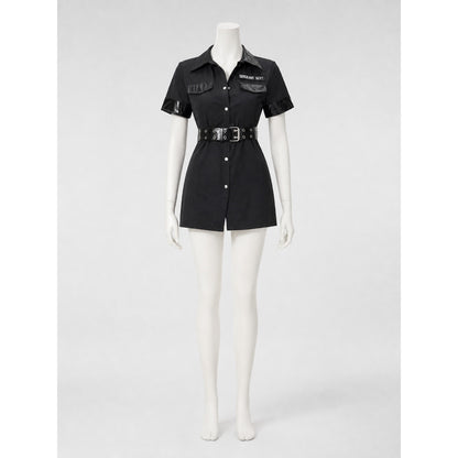 A one-piece costume styled like a police uniform, featuring short sleeves, a on-model view