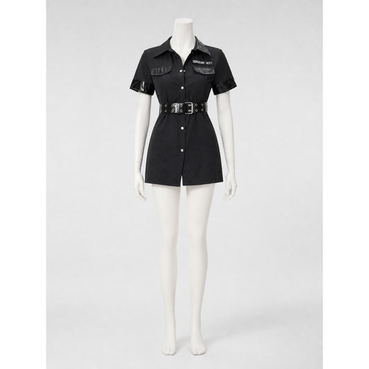 A one-piece costume styled like a police uniform, featuring short sleeves, a on-model view
