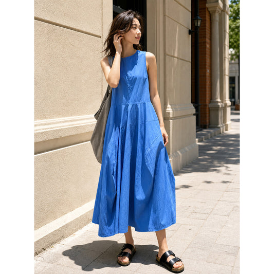 Women's Blue Midi Sleeveless Dress with Pockets