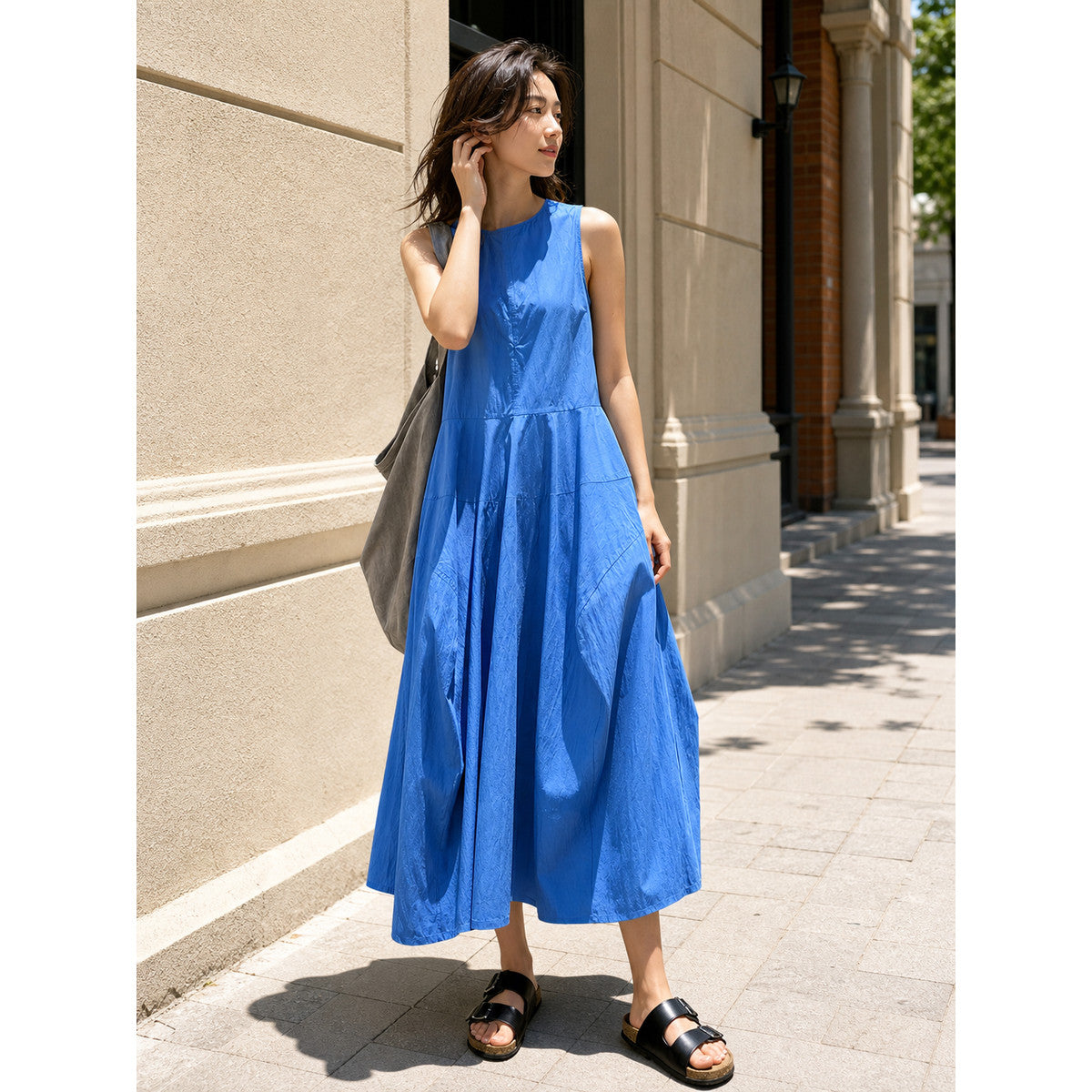 Women's Blue Sleeveless Midi Dress with Pockets
