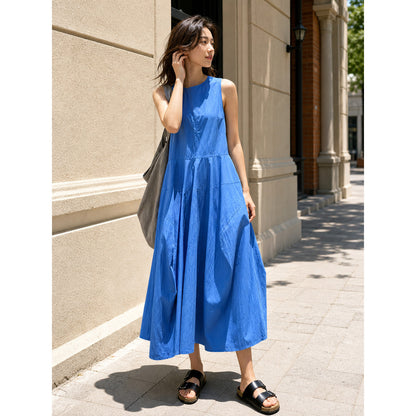 Women's Blue Sleeveless Midi Dress with Pockets