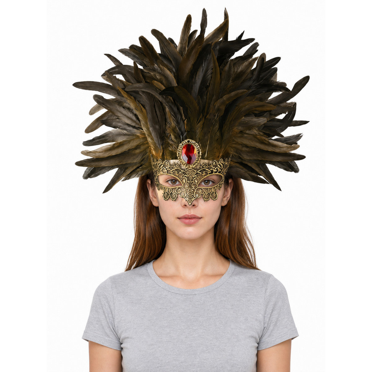 Carnival Headpiece with Mask and Feathers
