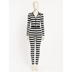 Black and White Striped Prisoner Costume Jumpsuit with Handcuffs and Belt