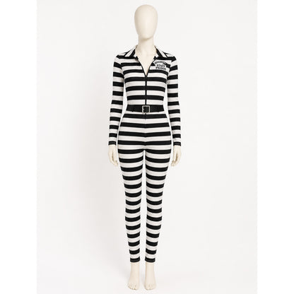Black and White Striped Prisoner Costume Jumpsuit with Handcuffs and Belt on-model view