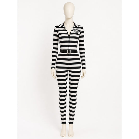 Black and White Striped Prisoner Costume Jumpsuit with Handcuffs and Belt on-model view