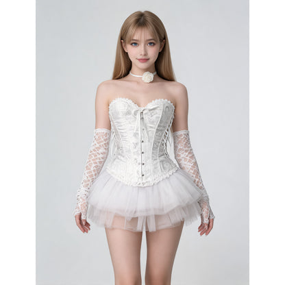 White costume with a full skirt and gloves for a masquerade on-model view