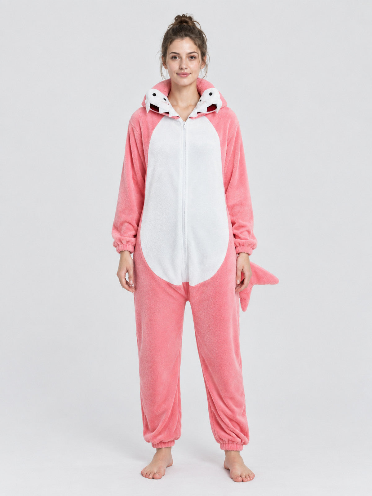 Pink Fleece Hooded Pajama Jumpsuit with Tail