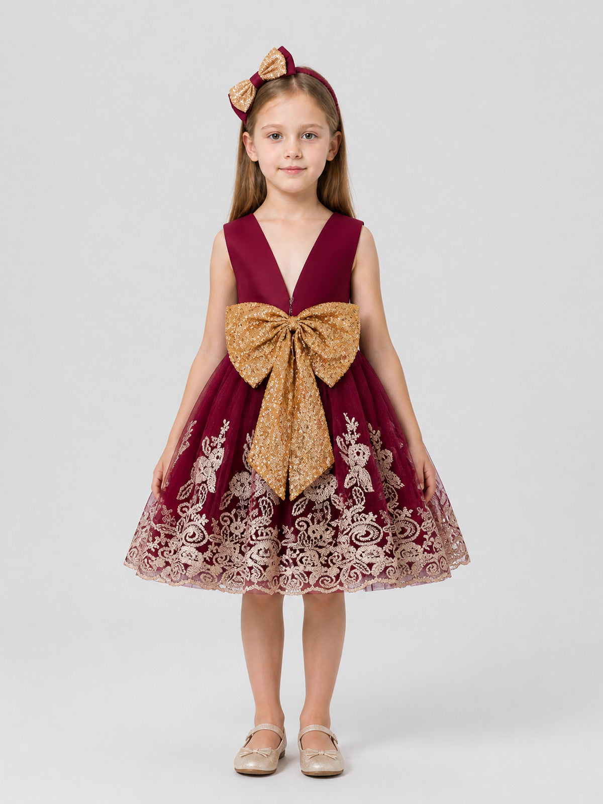 Girls' Sequin Princess Dress with Bow and Lace on-model view