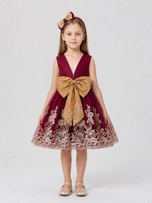 Girls' Sequin Princess Dress with Bow and Lace on-model view