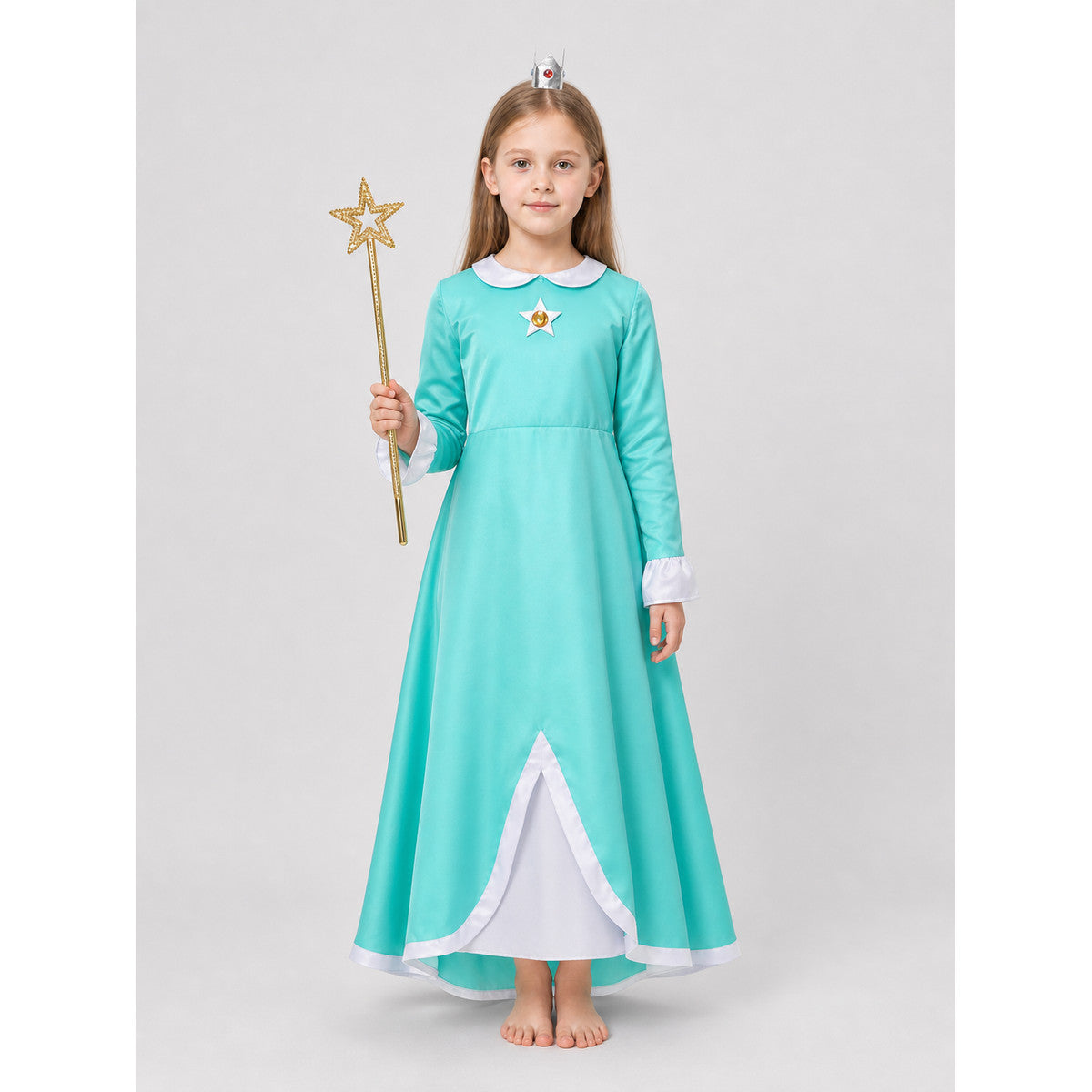 Rosalina Cosplay Dress with Crown and Star Brooch on-model view