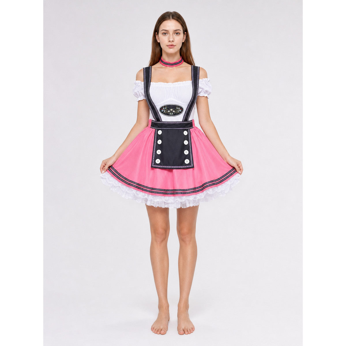 Woman wearing a pink Oktoberfest dirndl costume with white off-shoulder ruffle top, black suspender straps, button apron and pink choker, front view