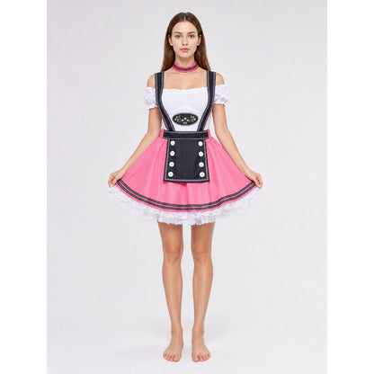 Woman wearing a pink Oktoberfest dirndl costume with white off-shoulder ruffle top, black suspender straps, button apron and pink choker, front view