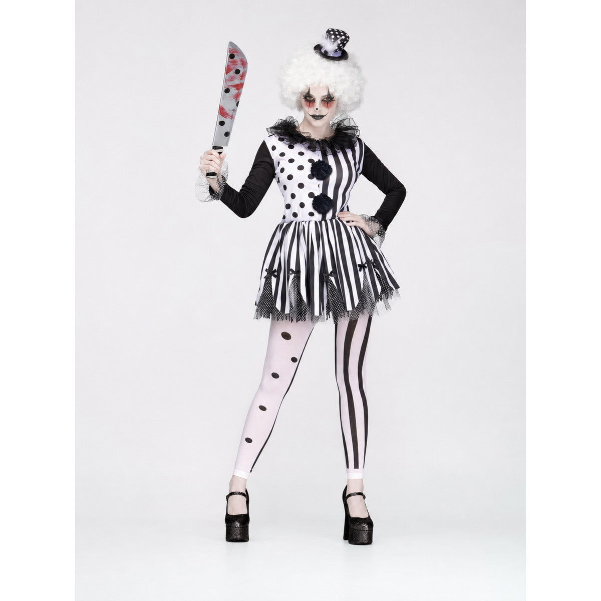 Black-and-white clown costume with a full skirt and decorative details for a Halloween look, themed party, or cosplay. The design is inspired by a circus clown: the top combines contrasting areas with black dots and vertical stripes, while 