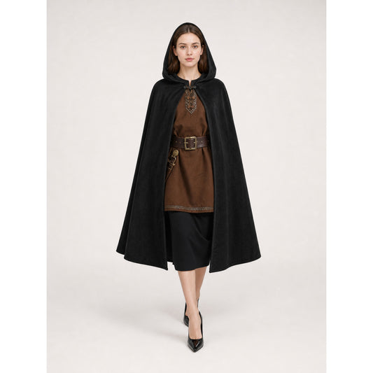 Black medieval hooded carnival cloak