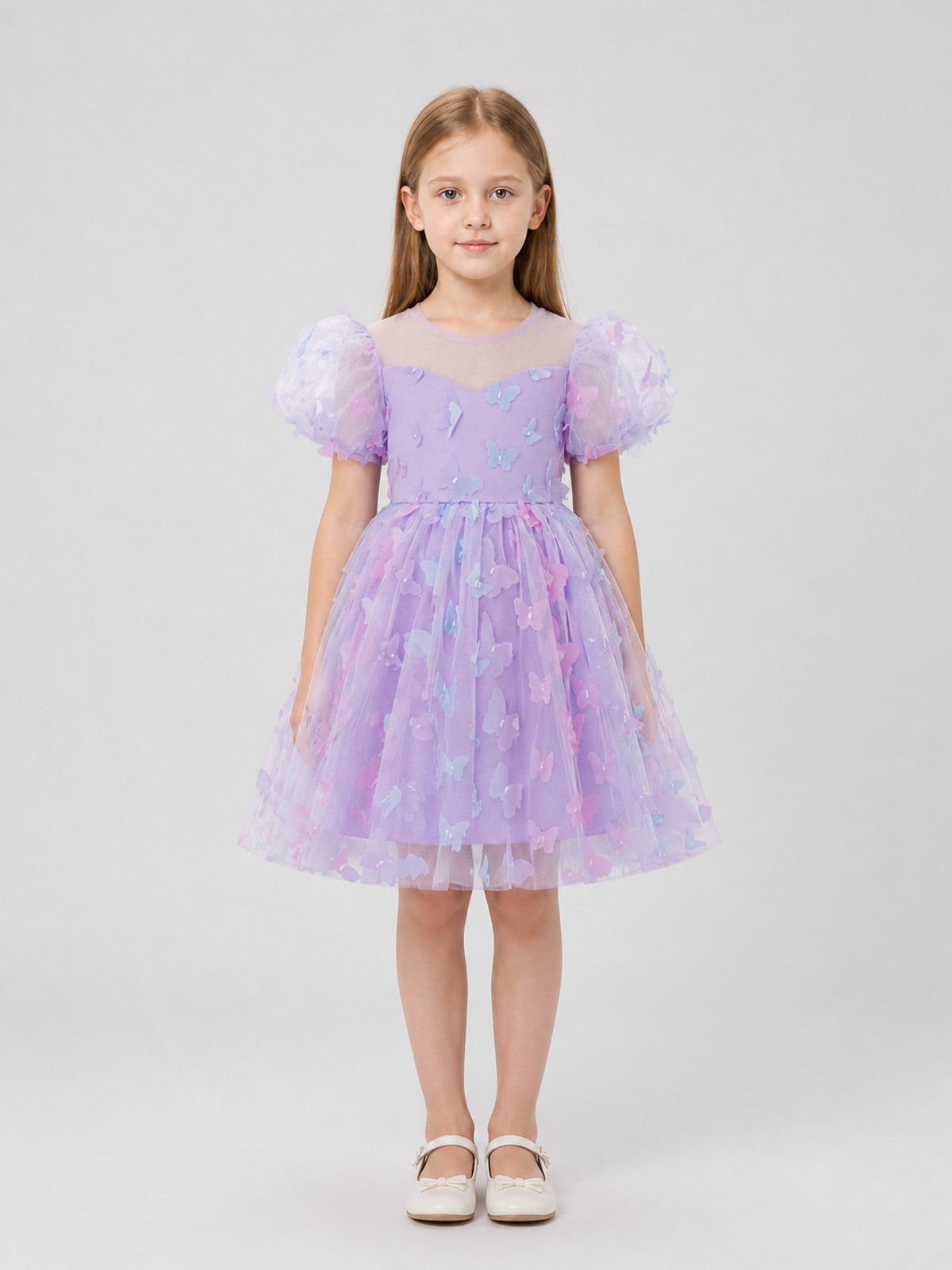 Purple Girls' Tutu Dress with Bows and Butterflies on-model view