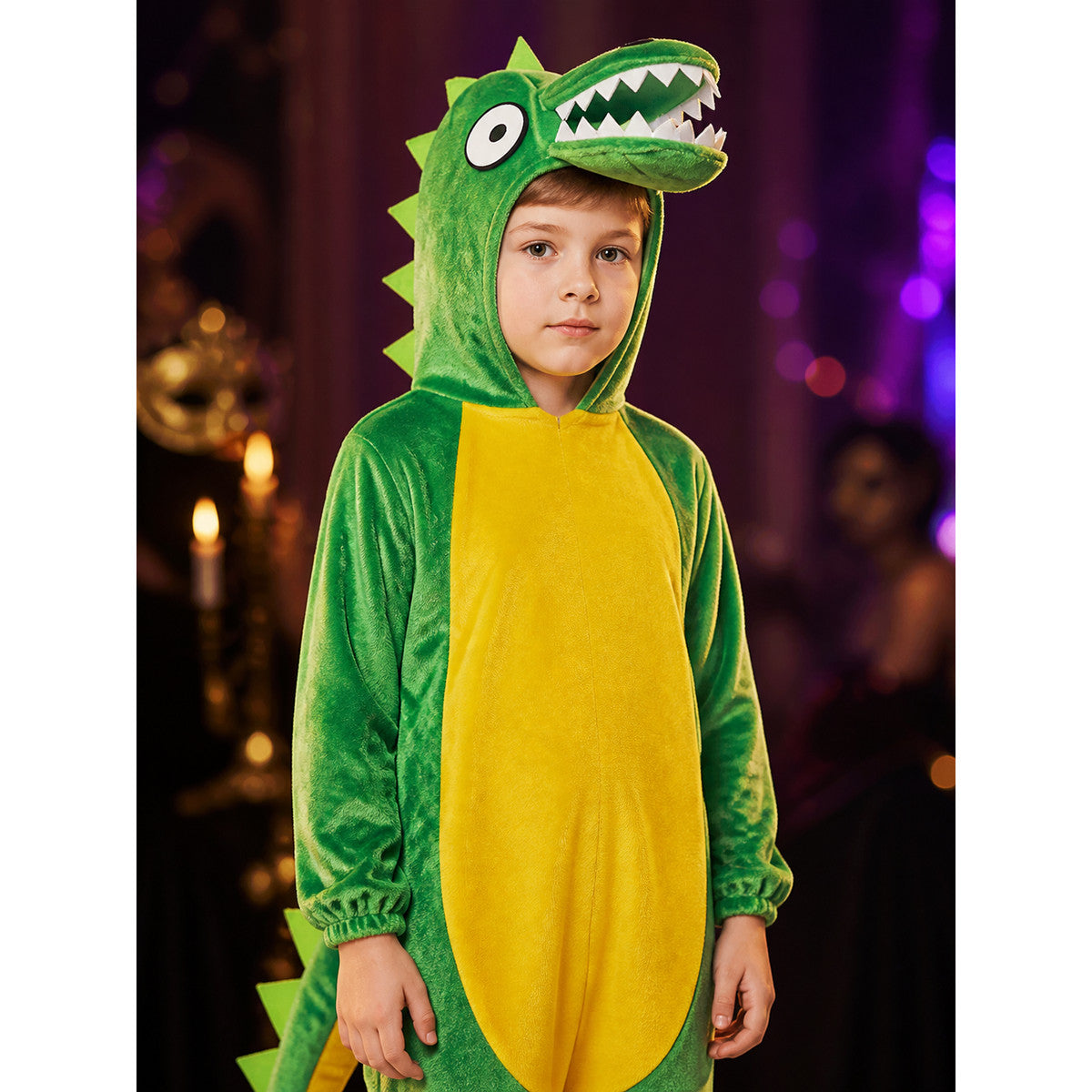 Kids Green Dinosaur Costume Bodysuit with Head Hood, Spikes and Tail for on-model view