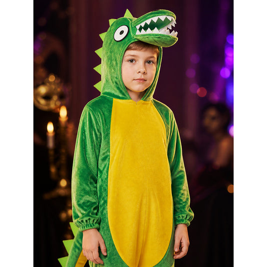 Kids Green Dinosaur Costume Bodysuit with Head Hood, Spikes and Tail on-model view