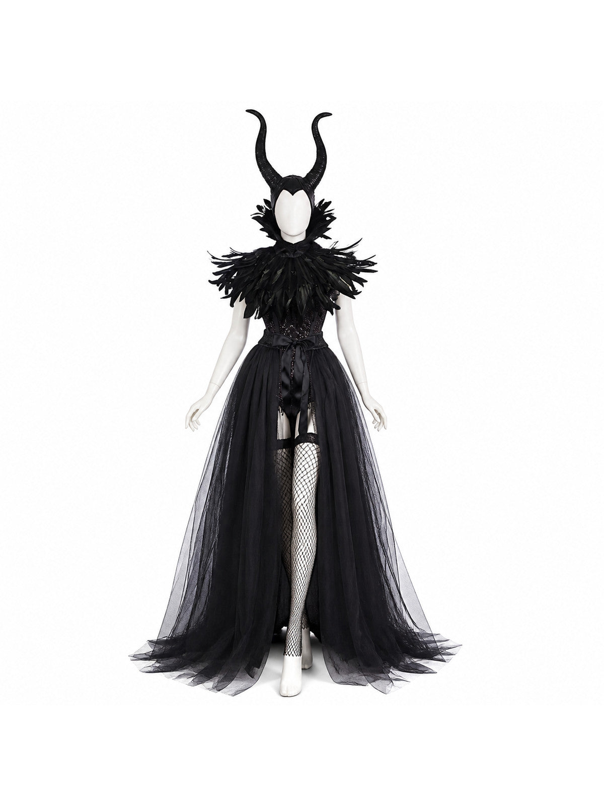 Women's Halloween Demon Costume Set - Black Mesh Long Dress, Stockings, Horned