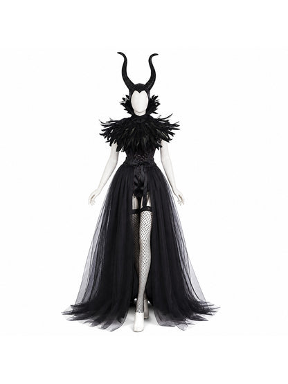 Women's Halloween Demon Costume Set - Black Mesh Long Dress, Stockings, Horned