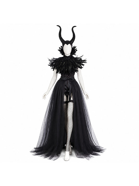 Women's Halloween Demon Costume Set - Black Mesh Long Dress, Stockings, Horned