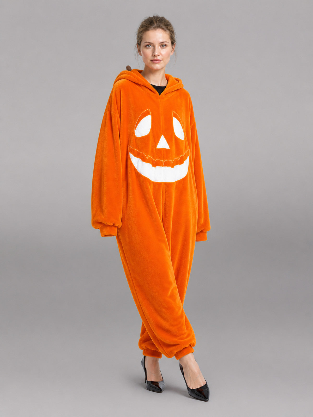 Orange Hooded Pumpkin One-Piece Pajama front view