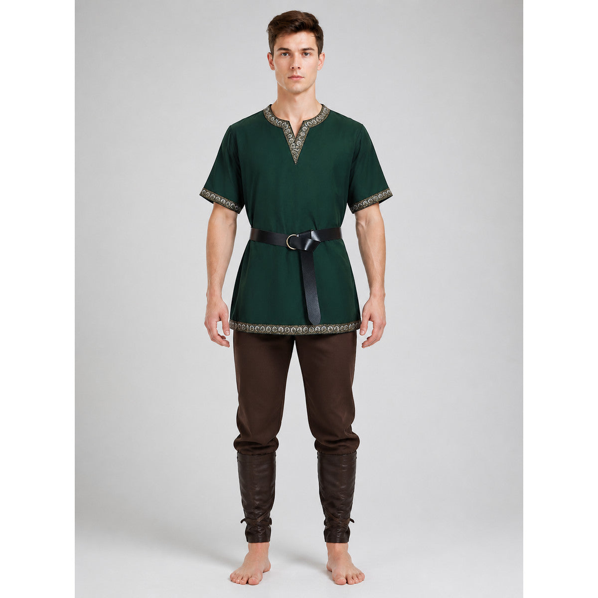 Medieval-Style Shirt with Black Belt, V-Neck