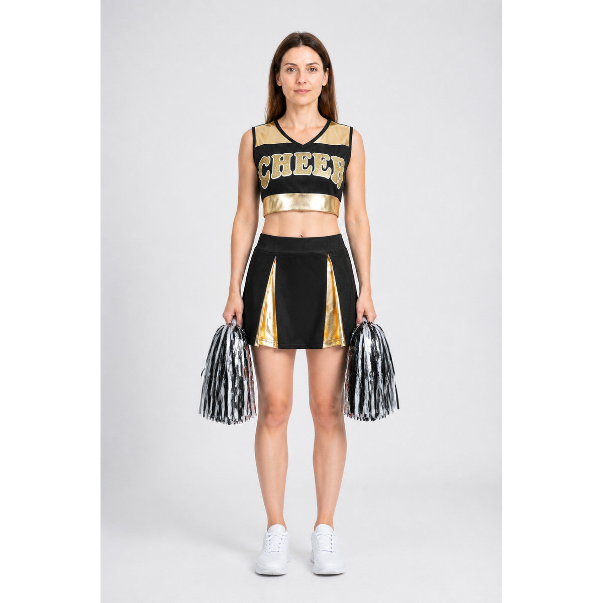 Cheerleading Set: Cheer Top, Gold-Trimmed Skirt, Pom-Poms main product view