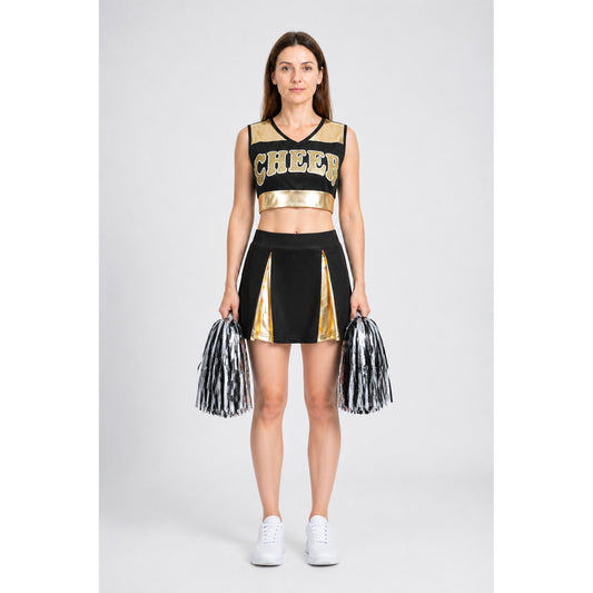 Cheerleading Set: Cheer Top, Gold-Trimmed Skirt, Pom-Poms main product view