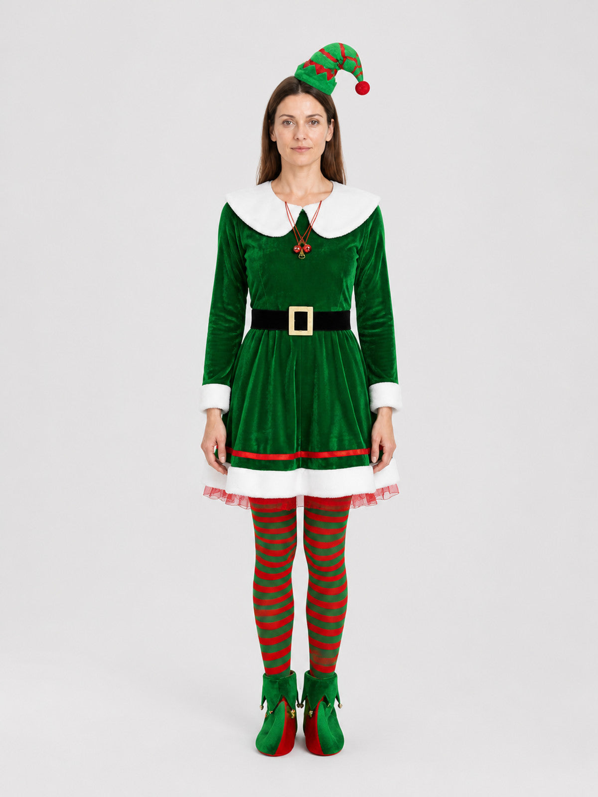 Christmas Elf Costume: Dress, Belt, Knee-High Socks, Hat on-model view