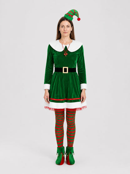 Christmas Elf Costume: Dress, Belt, Knee-High Socks, Hat on-model view